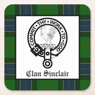Clan Sinclair Crest Badge en Tartan Vierkante Kartonnen Onderzetter