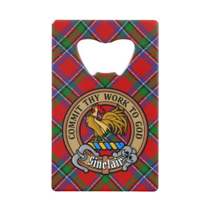 Clan Sinclair Crest over Rode Tartan Kredietkaart Flessenopener