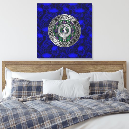 Clan Sutherland Crest & Tartan Knot op Thistle Canvas Afdruk (Insitu (Slaapkamer))