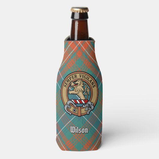 Clan Wilson Crest over het oude Tartan Flesjeskoeler (Fles Voorkant)