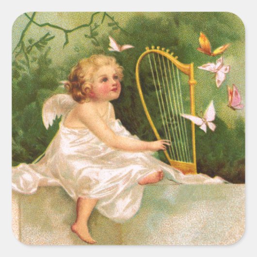 Clapsaddle: Angel die Harp speelt Vierkante Sticker (Voorkant)