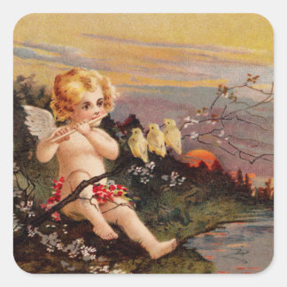 Clapsaddle: kleine Cherub met fluit en vogels Vierkante Sticker