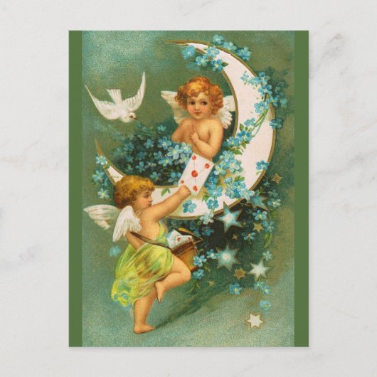 Clapsaddle: Twee Cherubs op een Sickle Moon Briefkaart (Voorkant)