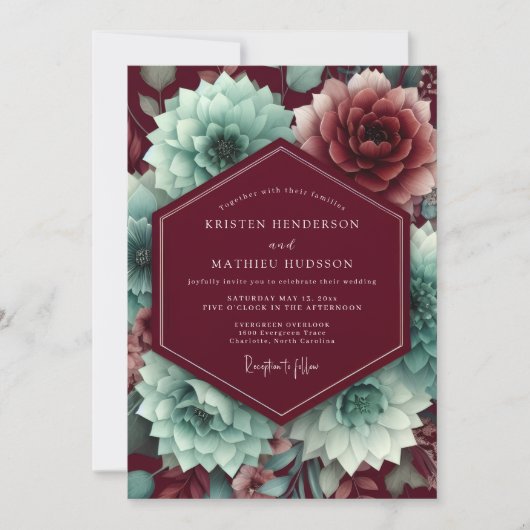 Claret Aquamarine Bloem Bruiloft Kaart (Voorkant)