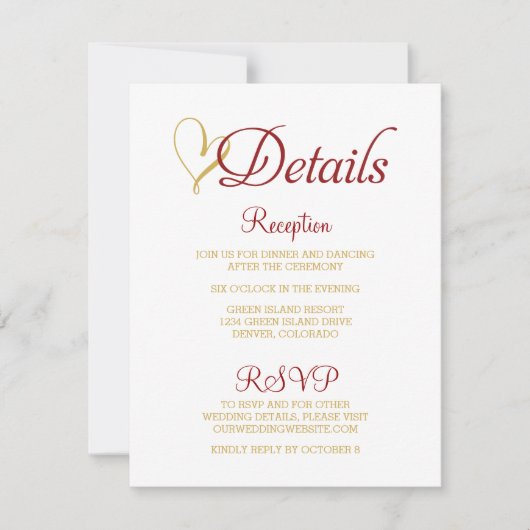 Claret Gouden Hart Trouwdetails Kaart (Voorkant)