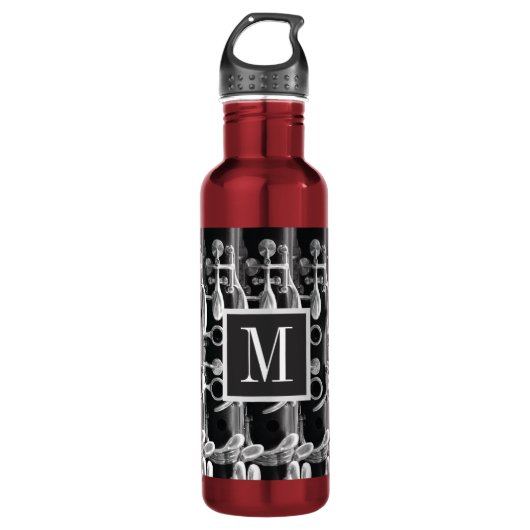 Clarinet met rood, zwart en wit monogram waterfles  (Voorkant)