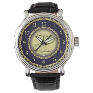 Clarinet ~ Musical Scroll ~ Gold/Navy Blue ~ Horloge