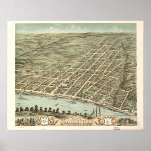 Clarksville Tennessee 1870 Antiek Panoramic Map Poster