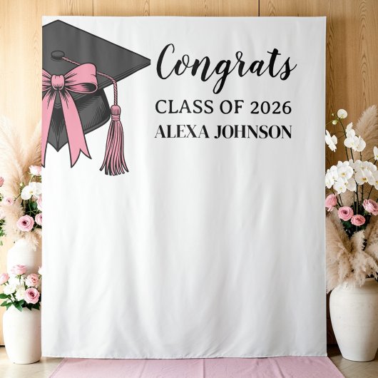 Class Of 2026 Pink Bow Graduation Cap Backdrop Wandkleed