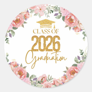 Class of 2026, Pink Gold Floral Theme Ronde Sticker