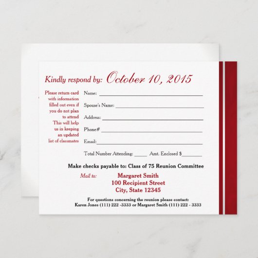 Class Reunion Varsity Stripe Response Kaart (Voorkant / Achterkant)