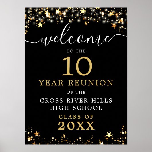 Class Reunion Welcome Black Gold Stars Script Poster (Voorkant)