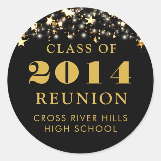 Class Reunion Zwart Goud Sterren String Lights Ronde Sticker (Voorkant)