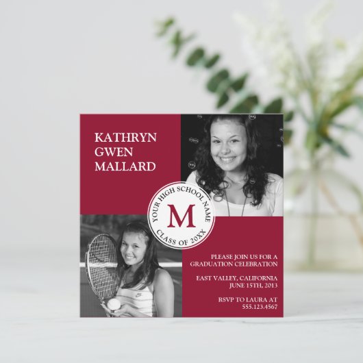 Classe année graduation faire-part marron rouge (Debout devant)