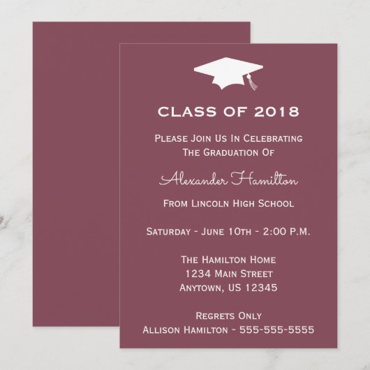 Classe De 2018 Casquette Invitation De Graduation (Devant / Derrière)