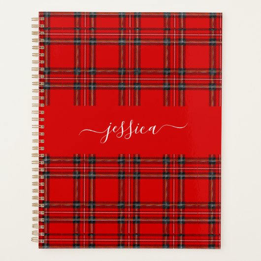Classeur à nom en script à carreaux tartan rouge (Devant)