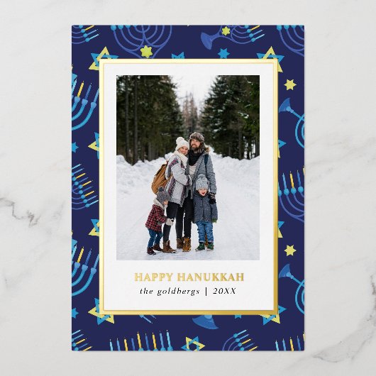 Classi Blauw goud Menorah Sterren 3 Foto's Chanoek Folie Feestdagenkaart (Voorkant)