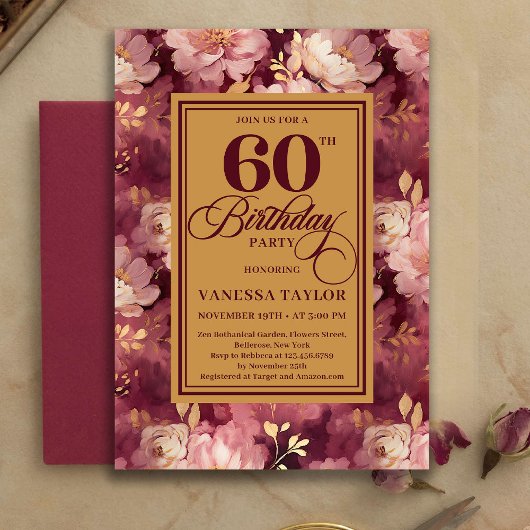 Classic 60th Birthday Deep Red Blush Gold Invites Kaart