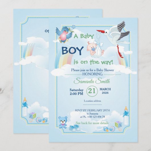 Classic and cute Stork Baby Shower Invitation (Devant / Derrière)