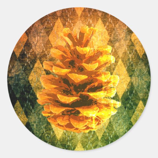 Classic  argyle pinecone rustiek goudgroen ronde sticker (Voorkant)
