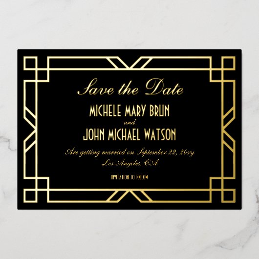 Classic Art Deco Zwart Goud Save the Date Folie Uitnodiging (Voorkant)