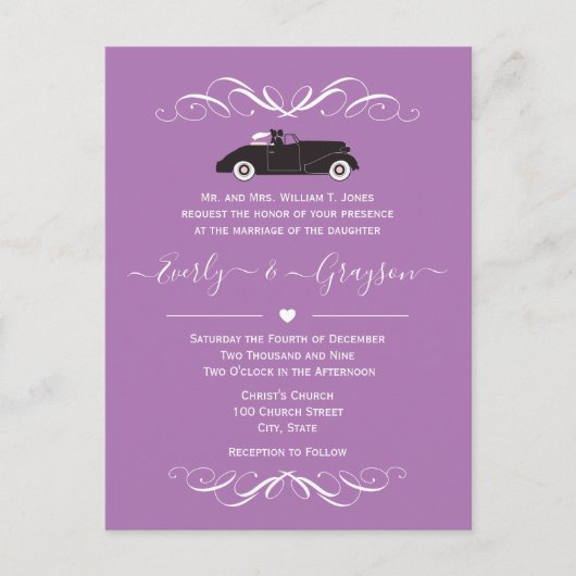 Classic Auto elke kleur Paarse bruiloft Uitnodiging Briefkaart (Voorkant)