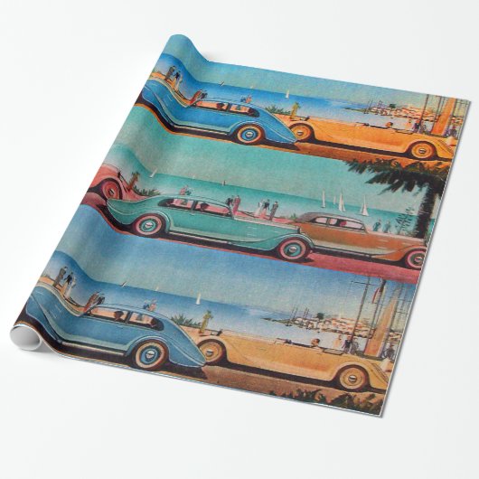 CLASSIC-AUTO'S OP DE SEASIDE-WEG CADEAUPAPIER (Uitgerold)