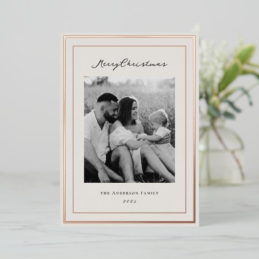 Classic Beige and Rose Gold Frame Family Photo Folie Feestdagenkaart (Staand Voorkant)
