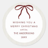 Classic Beige  Stripes Red Bow Merry Christmas Ronde Sticker (Voorkant)