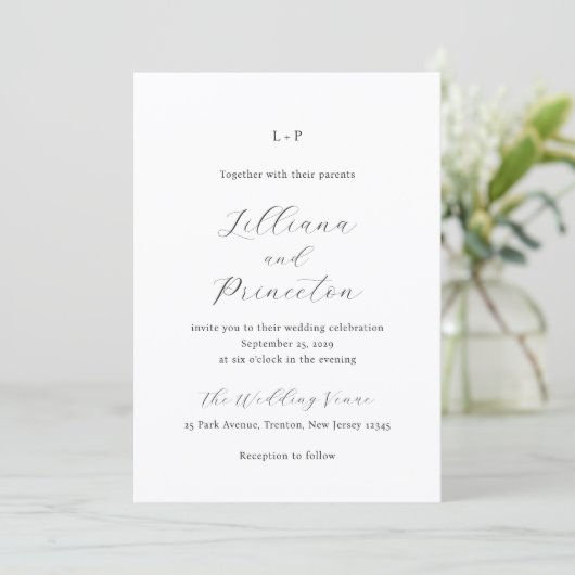 Classic Black and White Monogram Elegant Wedding Kaart (Staand voorkant)