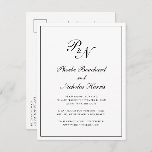 Classic Black and White Monogram Weddenschap Elope Aankondigingskaart (Voorkant / Achterkant)