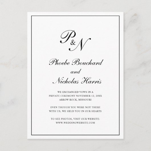 Classic Black and White Monogram Weddenschap Elope Aankondigingskaart (Voorkant)