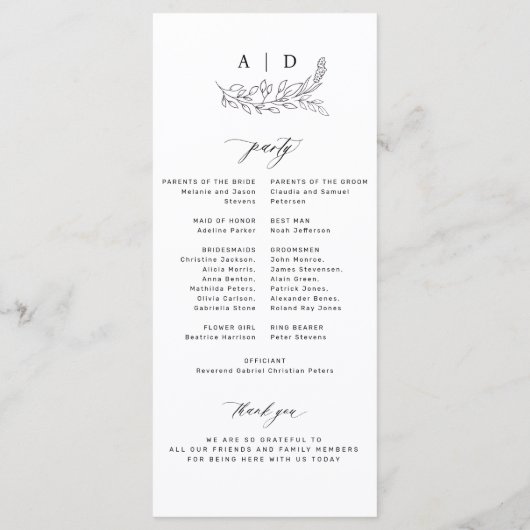 Classic black and white monogram wedding program programma (Achterkant)
