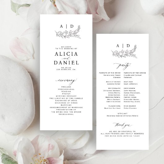 Classic black and white monogram wedding program programma