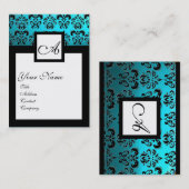CLASSIC BLACK AQUA BLUE DAMASK SQUARE MONOGRAM VISITEKAARTJE (Voorkant / Achterkant)