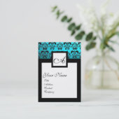 CLASSIC BLACK AQUA BLUE DAMASK SQUARE MONOGRAM VISITEKAARTJE (Staand voorkant)