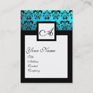 CLASSIC BLACK AQUA BLUE DAMASK SQUARE MONOGRAM VISITEKAARTJE