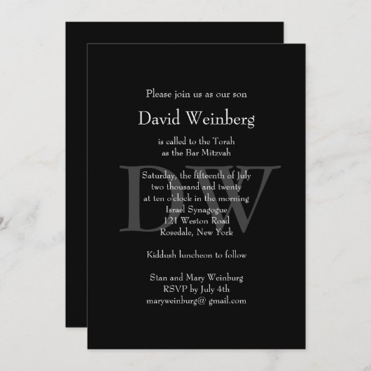 Classic Black Bar Mitzvah Invitation (Devant / Derrière)