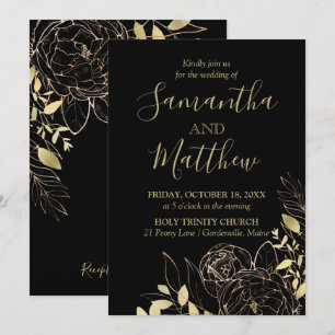Classic Black & Gold Peony Modern Floral Wedding Kaart