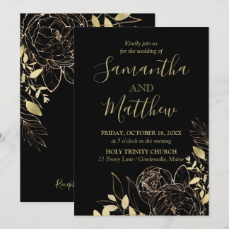 Classic Black & Gold Peony Modern Floral Wedding Kaart