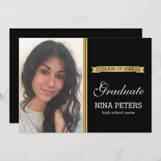 Classic Black Graduation Photo Invitation (Devant / Derrière)