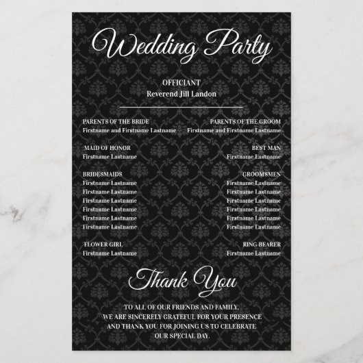 Classic Black Pattern Wedding Program (Achterkant)