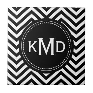 Classic Black White Chevron Trio Monogram Tegeltje