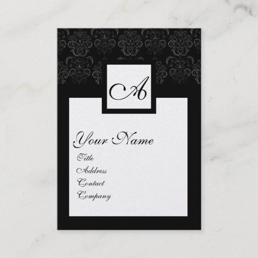 CLASSIC BLACK WHITE DAMASK SQUARE MONOGRAM Pearl Visitekaartje (Voorkant)