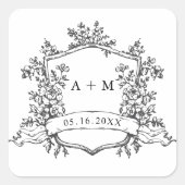 Classic Black & White Floral Crest Monograms Vierkante Sticker (Voorkant)