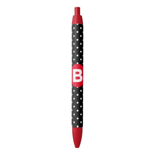 Classic Black & White Polka Dot with Red Monogram Zwarte Inkt Pen (Voorkant Verticaal)