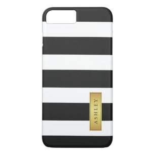 Classic Black White Stripe Pattern Gold Label Name iPhone 8 Plus / 7 Plus Hoesje