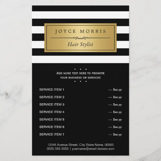 Classic Black White Stripes Gold Service Menu (Voorkant)