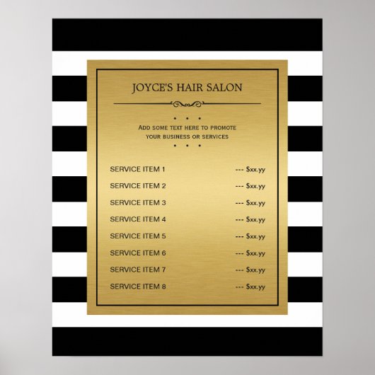 Classic Black White Stripes Gold Service Menu Poster (Voorkant)