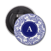 Classic Blauw & Wit Patroon Monogram Initiaal Button Flesopener (Voorkant)
